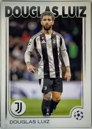 Front of 2024-25 Topps UEFA Club Competitions Soccer Douglas Luiz #25, portrait soccer card front. Large bold black 'DOUGLAS LUIZ' title spans the upper edge, with the player photograph below. Douglas Luiz is shown…