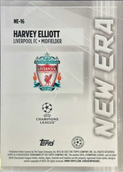 Back of 2024-25 Topps UEFA Club Competitions Soccer Harvey Elliott #NE-16 Base (New Era insert), back of a portrait soccer card. NE-16 appears in the upper-left above the bold name HARVEY ELLIOTT and the line LIVERPOOL FC • MIDFIELDER. The…