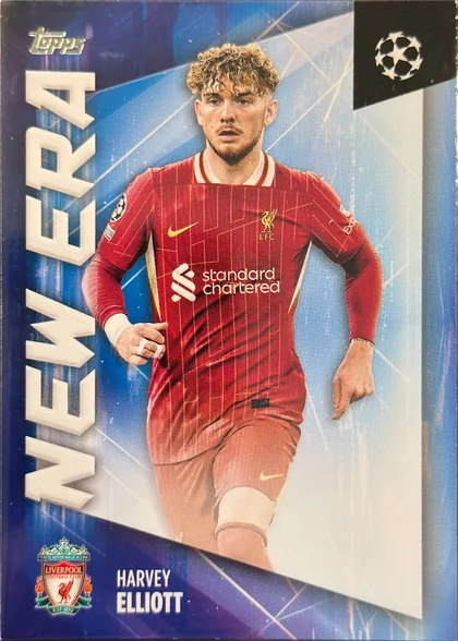Front of 2024-25 Topps UEFA Club Competitions Soccer Harvey Elliott #NE-16 Base (New Era insert), portrait-oriented soccer card front. A Topps logo appears near the upper left. Harvey Elliott is pictured in a red Liverpool kit at center. Large…