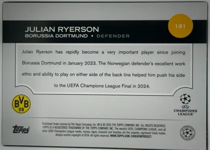 Back of 2024-25 Topps UEFA Club Competitions Soccer Julian Ryerson #191 Base, landscape-oriented biography back. The upper black band carries the large white name JULIAN RYERSON, with BORUSSIA DORTMUND • DEFENDER below. A…