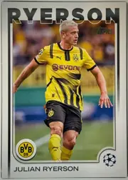 Front of 2024-25 Topps UEFA Club Competitions Soccer Julian Ryerson #191 Base, portrait soccer card front. A large black RYERSON heading spans the upper border above an action photograph of Julian Ryerson in a yellow and black…