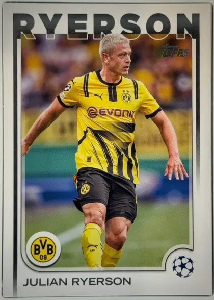 Front of 2024-25 Topps UEFA Club Competitions Soccer Julian Ryerson #191 Base, portrait soccer card front. A large black RYERSON heading spans the upper border above an action photograph of Julian Ryerson in a yellow and black…