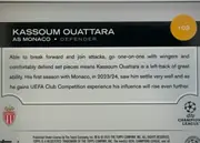 Back of 2024-25 Topps UEFA Club Competitions Soccer KASSOUM OUATTARA #103 RC (Rookie Card), upright landscape-oriented card back. A black header spans the top with the player name in large white uppercase lettering and the line “AS MONACO •…