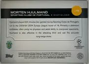 Back of 2024-25 Topps UEFA Club Competitions Soccer MORTEN HJULMAND #175 Base, landscape-oriented biography back. A black header band across the upper portion contains the large white player name, team, position, and a yellow…