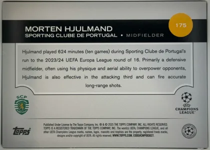 Back of 2024-25 Topps UEFA Club Competitions Soccer MORTEN HJULMAND #175 Base, landscape-oriented biography back. A black header band across the upper portion contains the large white player name, team, position, and a yellow…