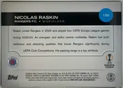 Back of 2024-25 Topps UEFA Club Competitions Soccer Nicolas Raskin #155 Base, landscape-oriented card back. A black header band spans the width near the top, with the player name in large white uppercase text, team and…