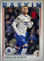 Front of 2024-25 Topps UEFA Club Competitions Soccer Nicolas Raskin #155 Base, front of a soccer card. A white/silver frame surrounds a central action photograph of a male player with short blond hair and a beard, shown from…