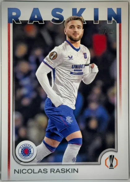 Front of 2024-25 Topps UEFA Club Competitions Soccer Nicolas Raskin #155 Base, front of a soccer card. A white/silver frame surrounds a central action photograph of a male player with short blond hair and a beard, shown from…