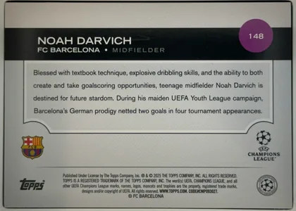 Back of 2024-25 Topps UEFA Club Competitions Soccer Noah Darvich #148 Base, upright landscape-oriented card back. The top has a black horizontal banner with the large white name NOAH DARVICH, the line FC BARCELONA •…
