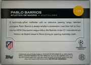 Back of 2024-25 Topps UEFA Club Competitions Soccer Pablo Barrios #123 Base, back of a soccer card in upright landscape orientation. A black header band contains the large white player name, team and position, with card…