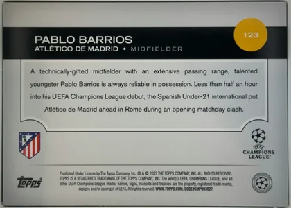 Back of 2024-25 Topps UEFA Club Competitions Soccer Pablo Barrios #123 Base, back of a soccer card in upright landscape orientation. A black header band contains the large white player name, team and position, with card…