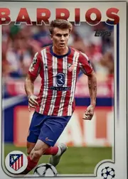 Front of 2024-25 Topps UEFA Club Competitions Soccer Pablo Barrios #123 Base, front of a soccer card. A large red sans-serif name banner with a thin white outline reads 'BARRIOS' across the top, its left edge cropped by the…