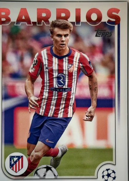 Front of 2024-25 Topps UEFA Club Competitions Soccer Pablo Barrios #123 Base, front of a soccer card. A large red sans-serif name banner with a thin white outline reads 'BARRIOS' across the top, its left edge cropped by the…