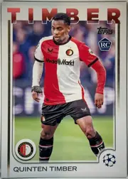 Front of 2024-25 Topps UEFA Club Competitions Soccer Quinten Timber #43 Base, portrait soccer card front. A full-body action photograph of Quinten Timber in a red-and-white Feyenoord Rotterdam kit occupies the central image…