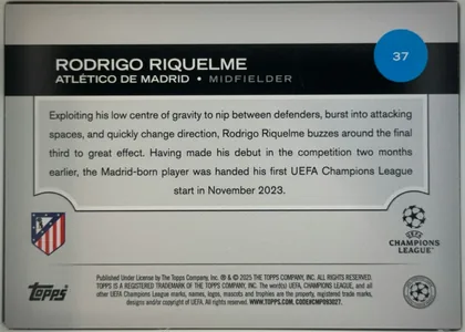 Back of 2024-25 Topps UEFA Club Competitions Soccer Rodrigo Riquelme #37 Base, back of a portrait-format football card. A black band across the upper portion contains the player name in large white capitals, followed by…