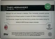 Back of 2024-25 Topps UEFA Club Competitions Soccer Theo Hernández #65 Base, back side in upright landscape orientation. A black header spans the upper portion with the large white player name “THEO HERNÁNDEZ,” team and…