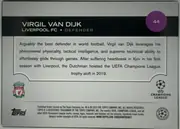 Back of 2024-25 Topps UEFA Club Competitions Virgil van Dijk #44 Base, landscape-oriented card back. A black band across the upper portion contains the large white title VIRGIL VAN DIJK and the smaller line LIVERPOOL FC…