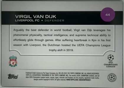 Back of 2024-25 Topps UEFA Club Competitions Virgil van Dijk #44 Base, landscape-oriented card back. A black band across the upper portion contains the large white title VIRGIL VAN DIJK and the smaller line LIVERPOOL FC…