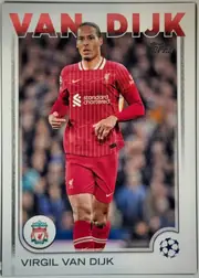 Front of 2024-25 Topps UEFA Club Competitions Virgil van Dijk #44 Base, front of a soccer card. A large red sans-serif header reading 'VAN DIJK' spans the top, partially overlapping the top of the photo. The central…