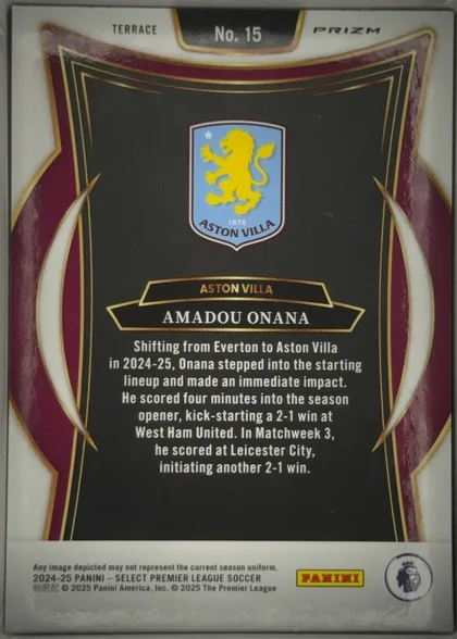 Back of 2024 Panini Select Premier League Amadou Onana #15 Prizm Terrace, upright portrait-format card back. A black central panel is framed by thin gold lines and surrounded by maroon and cream curved geometric accents…
