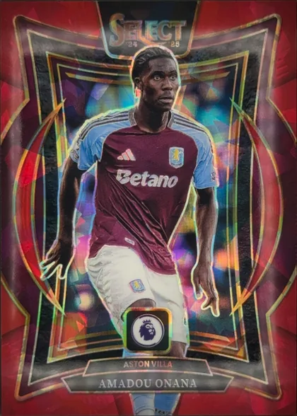 Front of 2024 Panini Select Premier League Amadou Onana #15 Prizm Terrace, upright portrait football card. The Select 24/25 logo is centered at the top. A full-body image of Amadou Onana in an Aston Villa…
