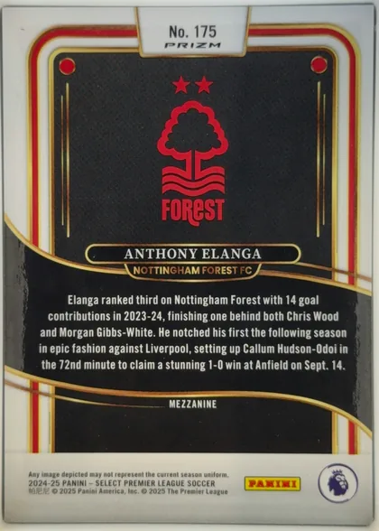 Back of 2024 Panini Select Premier League Anthony Elanga #175 Mezzanine, upright portrait-oriented card back. A white top panel contains the centered card number "No. 175" and PRIZM branding. The central black field…