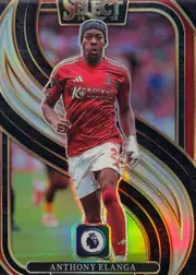 Front of 2024 Panini Select Premier League Anthony Elanga #175 Mezzanine, portrait soccer card front. A player in a red kit is shown running centrally against a stadium background. Large metallic SELECT typography appears…