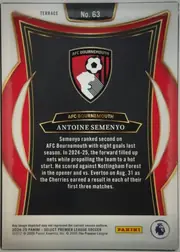 Back of 2024 Panini Select Premier League ANTOINE SEMENYO #63 Terrace, portrait-oriented card back. At the top, "TERRACE" appears at left and "No. 63" is centered in a black plaque with gold edging. The central black…