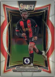 Front of 2024 Panini Select Premier League ANTOINE SEMENYO #63 Terrace, portrait soccer card front. A large SELECT 24 25 logo is centered at the top. The central image shows Antoine Semenyo in an AFC Bournemouth…