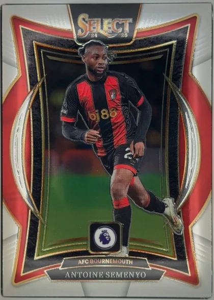 Front of 2024 Panini Select Premier League ANTOINE SEMENYO #63 Terrace, portrait soccer card front. A large SELECT 24 25 logo is centered at the top. The central image shows Antoine Semenyo in an AFC Bournemouth…