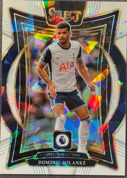 Front of 2024 Panini Select Premier League Dominic Solanke #6 Terrace Prizm /85, serial numbered 28/85, front-facing portrait football card. A full-body image of Dominic Solanke in a white Tottenham Hotspur kit is centered over an abstract dark…