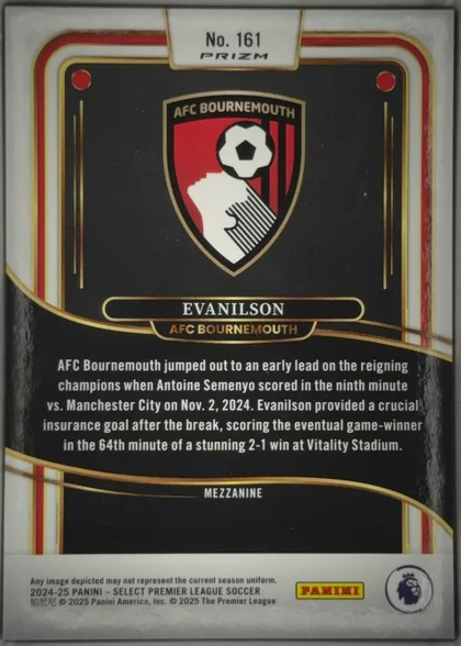 Back of 2024 Panini Select Premier League Evanilson #161 Prizm Mezzanine, back of a soccer card, upright. A white top margin holds a small tab reading 'No. 161' above a stylized 'PRIZM' wordmark. Below, a black panel…