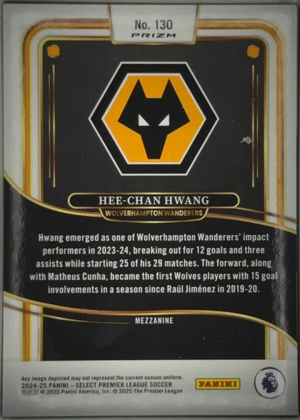 Back of 2024 Panini Select Premier League HEE-CHAN HWANG #130 Mezzanine Prizm, upright portrait-format card back. A white outer border surrounds a black-and-gold decorative frame. The upper center has a white tab reading “No…