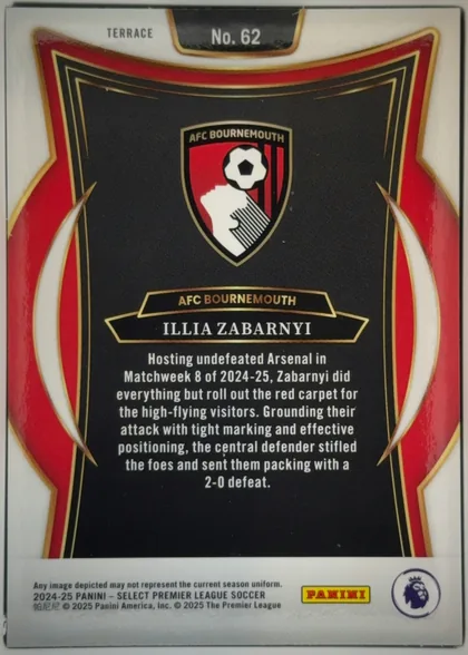 Back of 2024 Panini Select Premier League Illia Zabarnyi #62 Terrace, upright portrait-oriented card back. A white border surrounds a black central field framed by layered red, black, and gold curves and pointed…