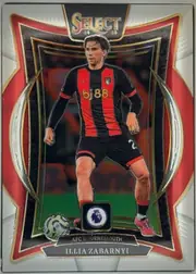 Front of 2024 Panini Select Premier League Illia Zabarnyi #62 Terrace, portrait soccer card front. A cut-out full-body photo shows a player in an AFC Bournemouth black-and-red striped kit (sponsor 'bj88', partially…