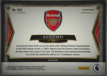 Back of 2024 Panini Select Premier League Kai Havertz #202 Field Level Prizm, upright landscape-oriented card back. No. 202 appears at upper left and PRIZM at upper right. The Arsenal crest is centered near the top. A…