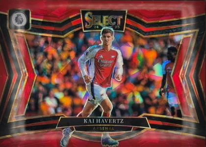 Front of 2024 Panini Select Premier League Kai Havertz #202 Field Level Prizm, upright portrait soccer card front. A Premier League lion logo appears at upper left. A large SELECT 24 25 title is centered near the top. Kai…