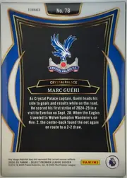 Back of 2024 Panini Select Premier League Marc Guéhi #78 Base Terrace, portrait-oriented card back. A white top band contains the word "TERRACE" at upper left and "No. 78" in a black rounded label near the top center…