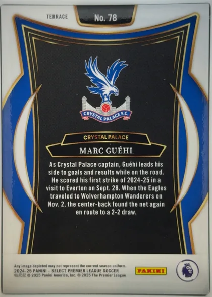 Back of 2024 Panini Select Premier League Marc Guéhi #78 Base Terrace, portrait-oriented card back. A white top band contains the word "TERRACE" at upper left and "No. 78" in a black rounded label near the top center…