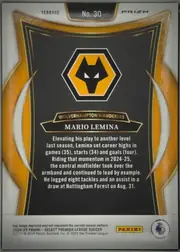 Back of 2024 Panini Select Premier League Mario Lemina #30 Terrace Prizm, upright portrait-oriented card back. A black central panel is framed by gold and white angular and curved ornamentation. The top has TERRACE at…