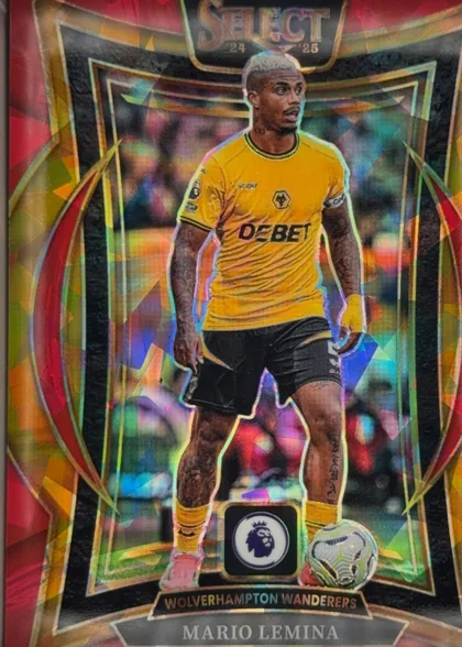 Front of 2024 Panini Select Premier League Mario Lemina #30 Terrace Prizm, front of a soccer card. Top center has a dark banner with the word 'SELECT' in stylized gold lettering flanked by '24 and '25. A full-body cutout…