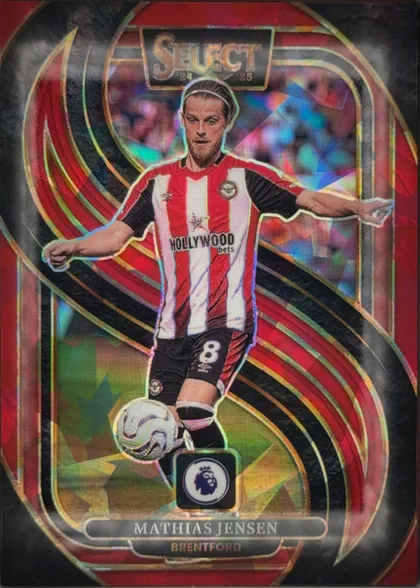 Front of 2024 Panini Select Premier League Mathias Jensen #103 Mezzanine Prizm, portrait soccer card front. A large stylized SELECT 24 25 title sits at the top. Mathias Jensen is shown full-body in a red-and-white Brentford…