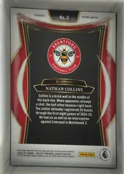Back of 2024 Panini Select Premier League Nathan Collins #No. 3 Refractor / Prizm-style holographic parallel, upright portrait-oriented card back. A white outer frame surrounds a black central panel with red side sections and ornate gold borders. The…