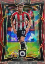 Front of 2024 Panini Select Premier League Nathan Collins #No. 3 Refractor / Prizm-style holographic parallel, front of a soccer card. A cut-out action photo of a player in a red-and-white vertical striped Brentford home shirt (sponsor 'HOLLYWOOD bets'…