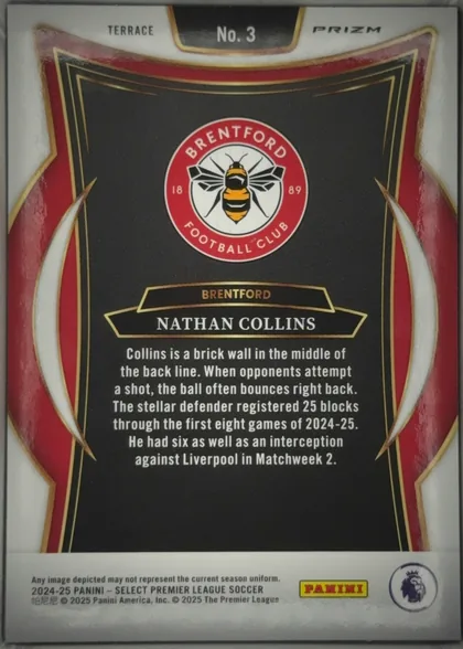 Back of 2024 Panini Select Premier League Nathan Collins #No. 3 Terrace Prizm, upright portrait-oriented card back. A Brentford Football Club crest is centered in the upper half on a black panel. Below it, a gold-framed…