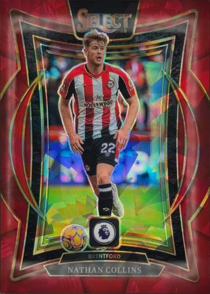 Front of 2024 Panini Select Premier League Nathan Collins #No. 3 Terrace Prizm, upright portrait soccer card showing Nathan Collins in a red-and-white Brentford kit, centered over a colorful geometric stadium-like background…