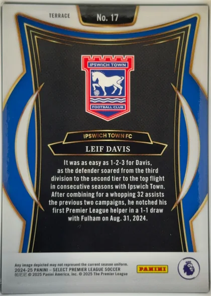 Back of 2024 Panini Select Premier League Soccer Cards Leif Davis #17 Terrace, portrait card back with a thin white outer border; a wide blue and gold notched frame wraps around a black central panel edged in fine gold…