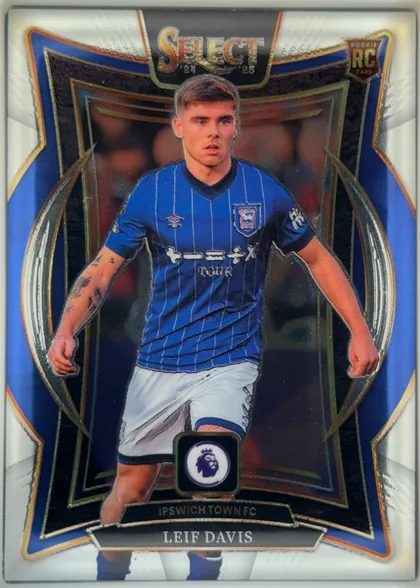 Front of 2024 Panini Select Premier League Soccer Cards Leif Davis #17 Terrace, front of a portrait soccer card. The top center has a large distressed metallic SELECT logo with 24-25 beneath it, and the upper-right corner has a…