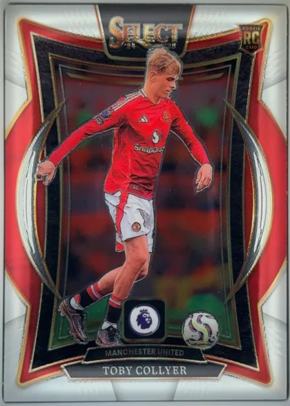 Front of 2024 Panini Select Premier League Soccer Cards Toby Collyer #100 Rookie, upright portrait soccer card front. SELECT appears prominently at the top with '24 and '25 beneath it, and a ROOKIE RC CARD badge is at the upper…