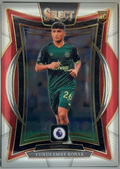 Front of 2024 Panini Select Premier League Soccer Cards Yunus Emre Konak #5, upright portrait soccer card front. The SELECT 24 25 logo is centered at the top, with a ROOKIE RC CARD badge in the upper-right corner. A male…
